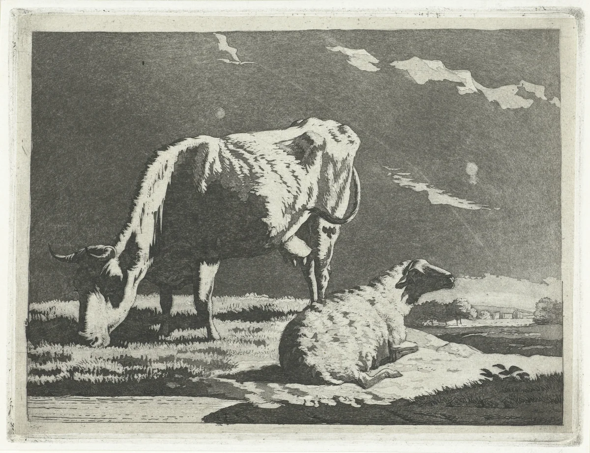 Landschap met koe en schaap by Frédéric Théodore Faber, print, 1837-1840