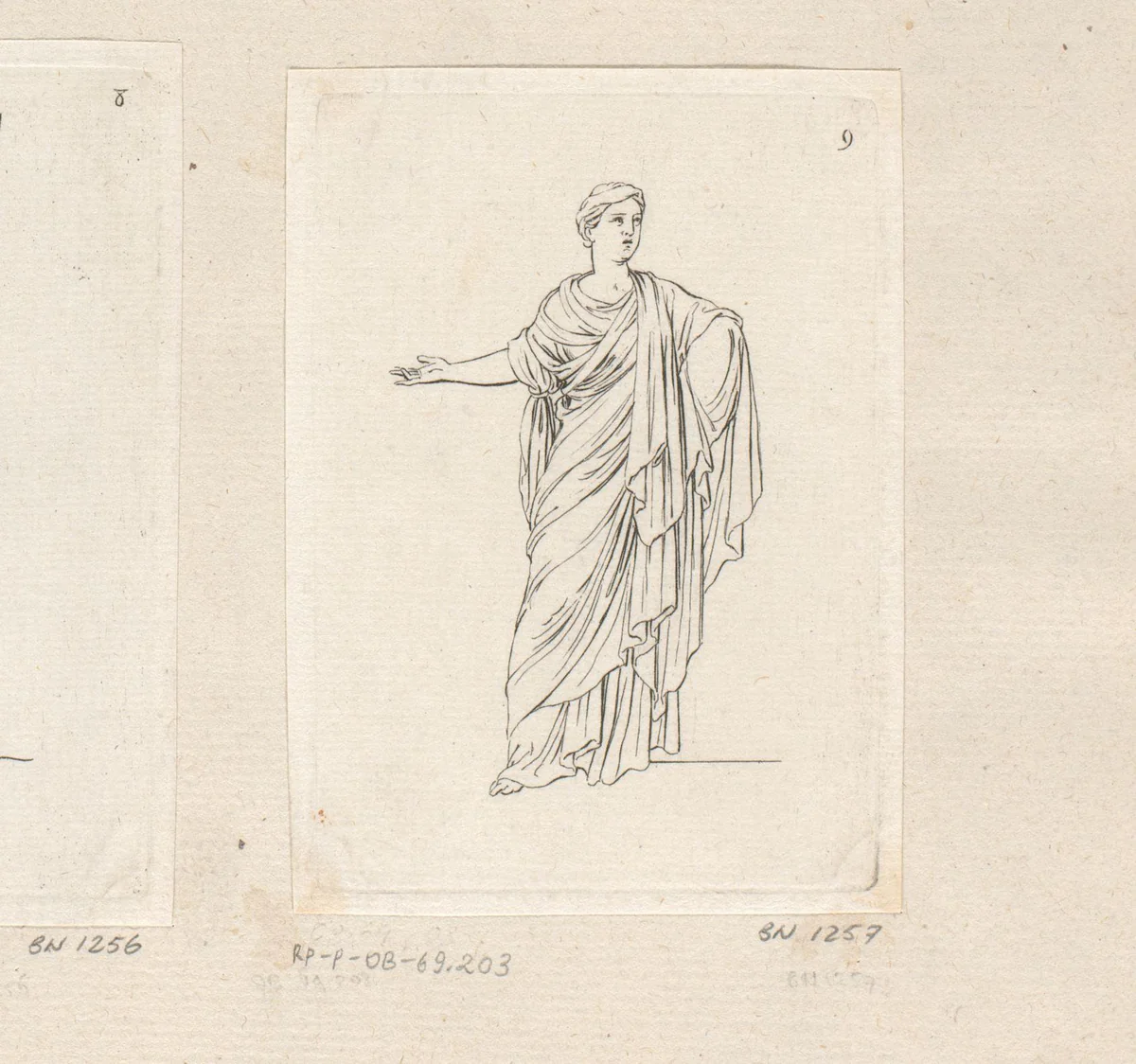 Staande vrouw met uitgestrekte rechterarm by Sébastien Leclerc, print, 1706