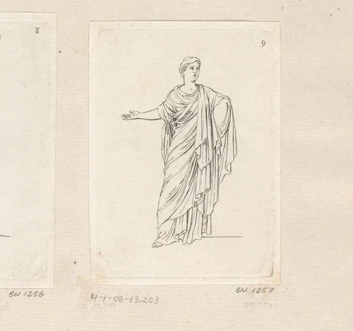 Staande vrouw met uitgestrekte rechterarm by Sébastien Leclerc, print, 1706