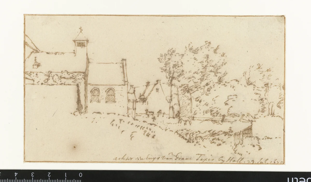 Gezicht op een kapel en een kerkhof by Constantijn Huygens, drawing, 1675