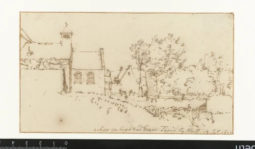 Gezicht op een kapel en een kerkhof by Constantijn Huygens, drawing, 1675