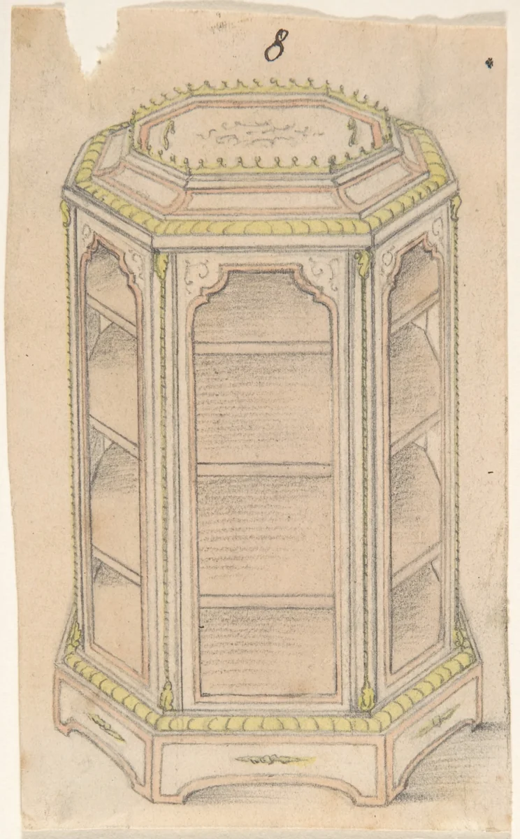 Design for an Octagonal Cabinet with Glass Doors and Shelves by anonymous, drawing, 1800-1900