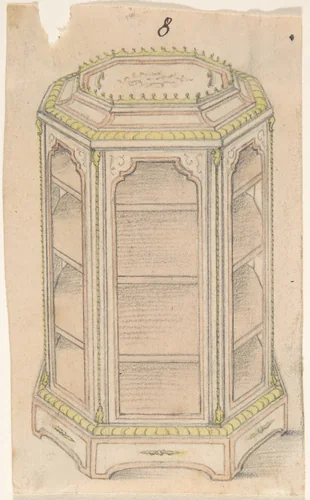 Design for an Octagonal Cabinet with Glass Doors and Shelves by anonymous, drawing, 1800-1900