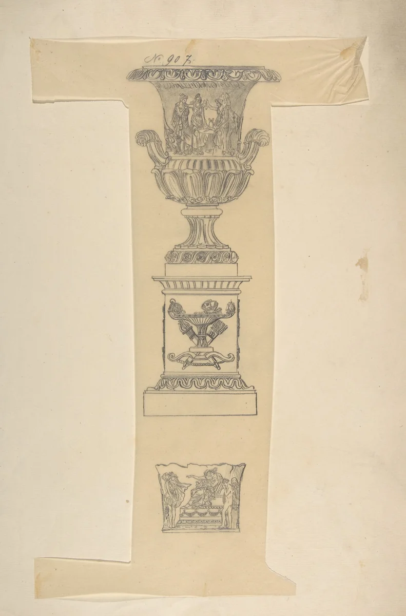 Designs for an Urn on a Pedestal and a Cachepot by anonymous, drawing, 1800-1899