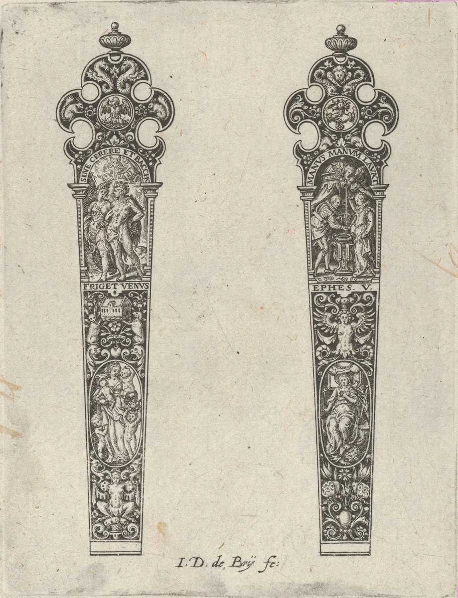 Design for Knife Handles with 'Sine Cerere et Baccho Friget Venus' and a Couple Shaking Hands by Johann Theodor de Bry, print, 1580-1600