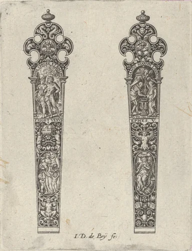 Design for Knife Handles with 'Sine Cerere et Baccho Friget Venus' and a Couple Shaking Hands by Johann Theodor de Bry, print, 1580-1600