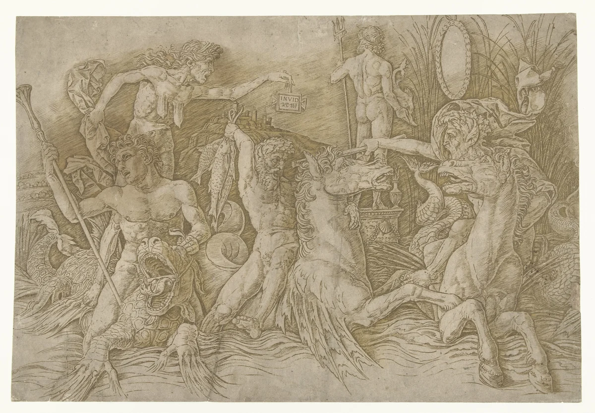 Gevecht tussen satyrs rijdend op hippocampussen en oude vrouw als personificatie van afgunst staand op rug van draak by Andrea Mantegna, print, 1473-1477