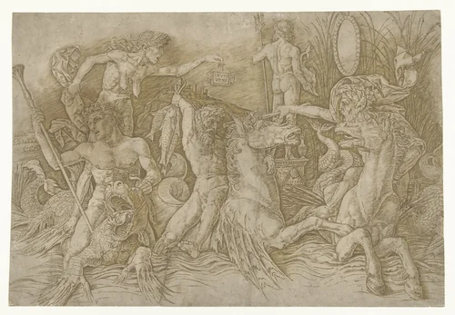 Gevecht tussen satyrs rijdend op hippocampussen en oude vrouw als personificatie van afgunst staand op rug van draak by Andrea Mantegna, print, 1473-1477