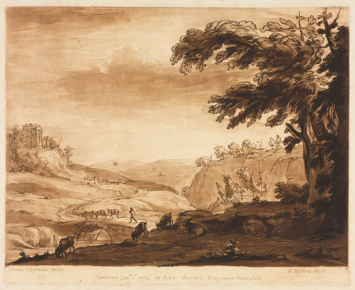 Liber Veritatis: No. 7, An Island Scene of a Mountainous Country with Cattle by Richard Earlom, print, 1774