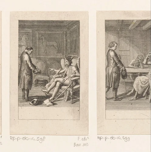Jonkheer Siegfried stuurt zijn hond op de schoolmeester af by Daniel Nikolaus Chodowiecki, print, 1783