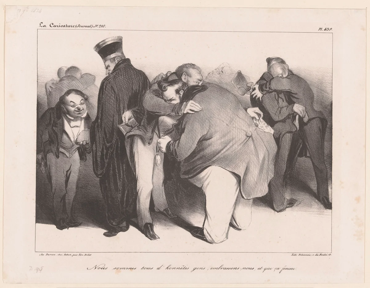 Karikatuur van de Franse regeringsleiders als zakkenrollers by Honoré Daumier, print, 1834