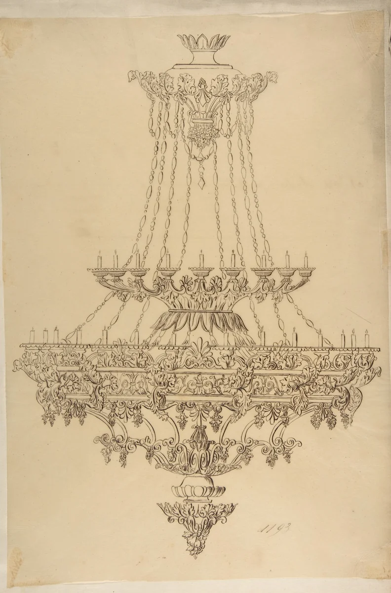 Design for a Chandelier with Acanthus Leaf, Grape, and Palmette Motifs by anonymous, drawing, 1800-1899