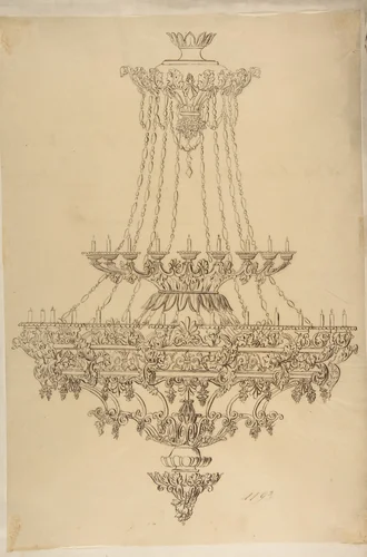 Design for a Chandelier with Acanthus Leaf, Grape, and Palmette Motifs by anonymous, drawing, 1800-1899
