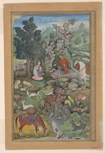 "Bahram Gur Sees a Herd of Deer Mesmerized by Dilaram' s Music", Folio from a Khamsa (Quintet) of Amir Khusrau Dihlavi by Amir Khusrau, manuscript, 1572-1623