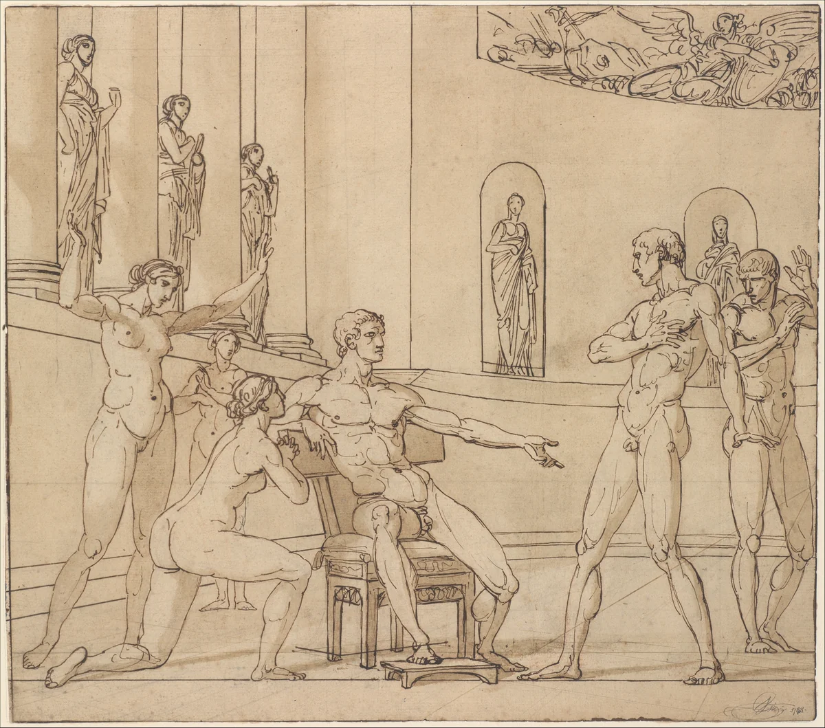 The Clemency of Augustus (recto); Knight Restraining a Female Figure (verso) by François-André Vincent, drawing, 1782-1792