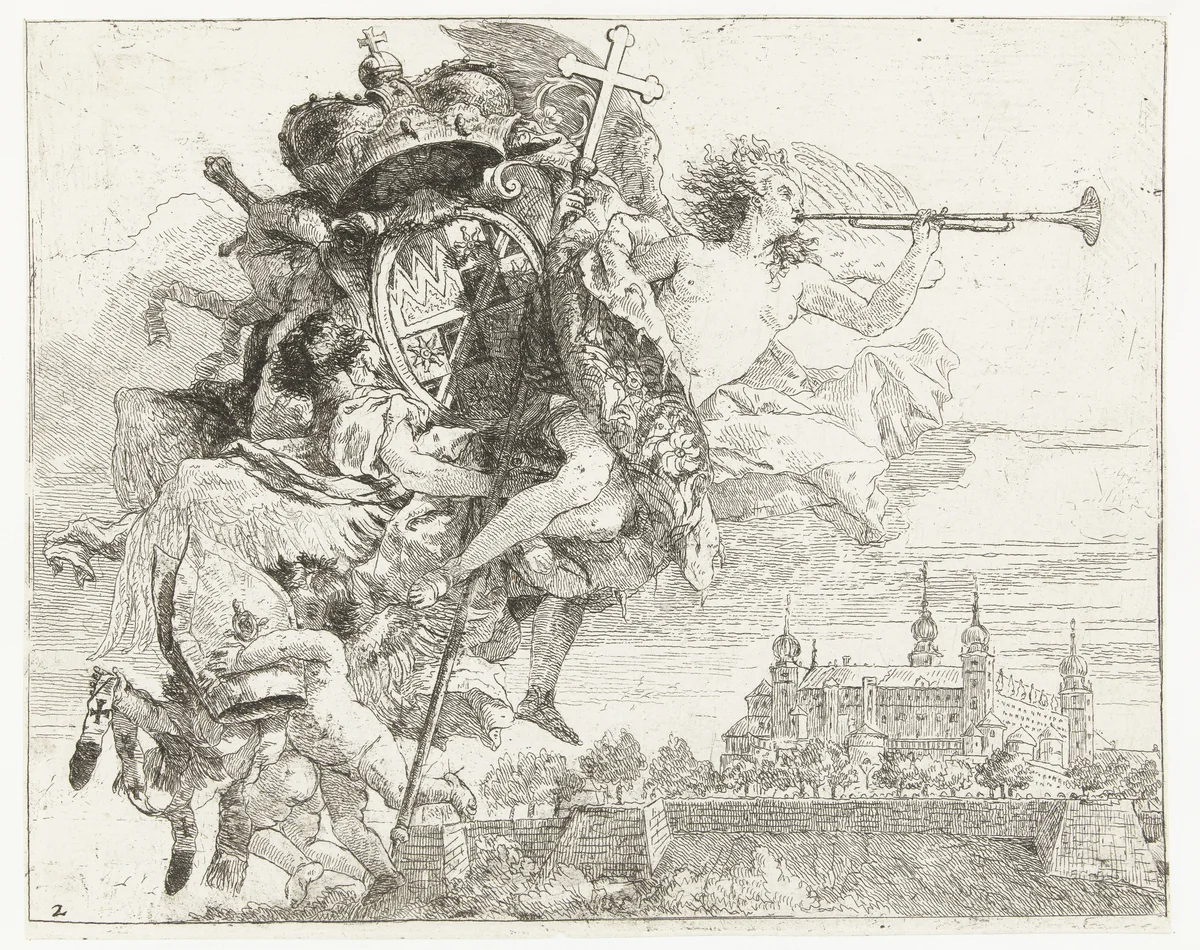 Faam en putti met wapen van Karl Philipp von Greiffenklau en attributen van bisschop boven Marienberg in Würzburg by Giovanni Domenico Tiepolo, print, 1750-1753