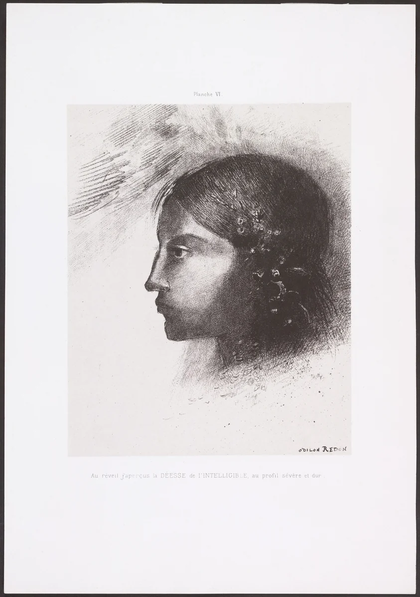 Upon Waking, I Saw the Goddess of the Intelligible, with Her Severe and Hard Profile (Au réveil, j'aperçus la déesse de l'intelligible au profil sévère et dur) from Homage to Goya (Hommage à Goya) by Odilon Redon, print, 1885