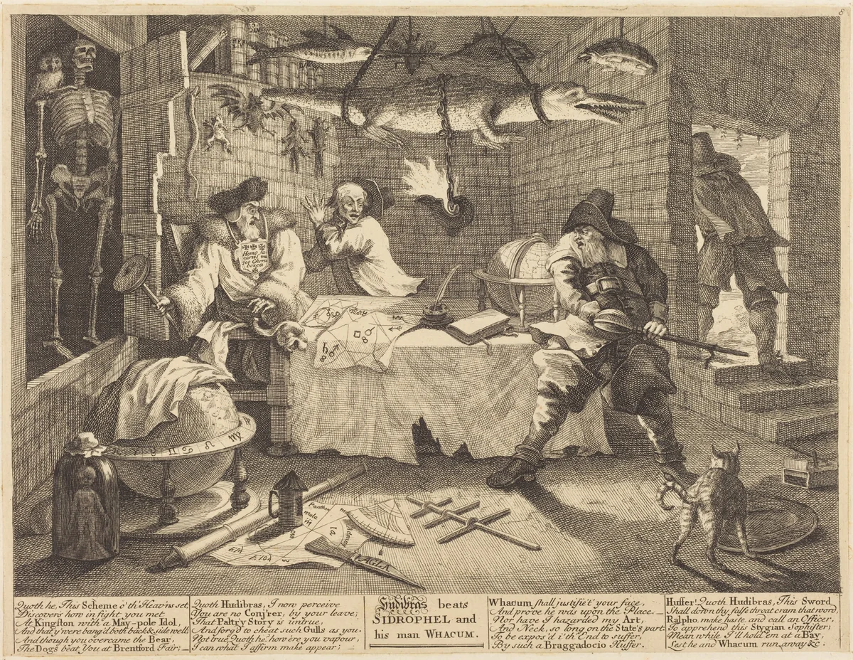 Hudibras beats Sidrophel and his man Whacum by William Hogarth, print, 1725-1726