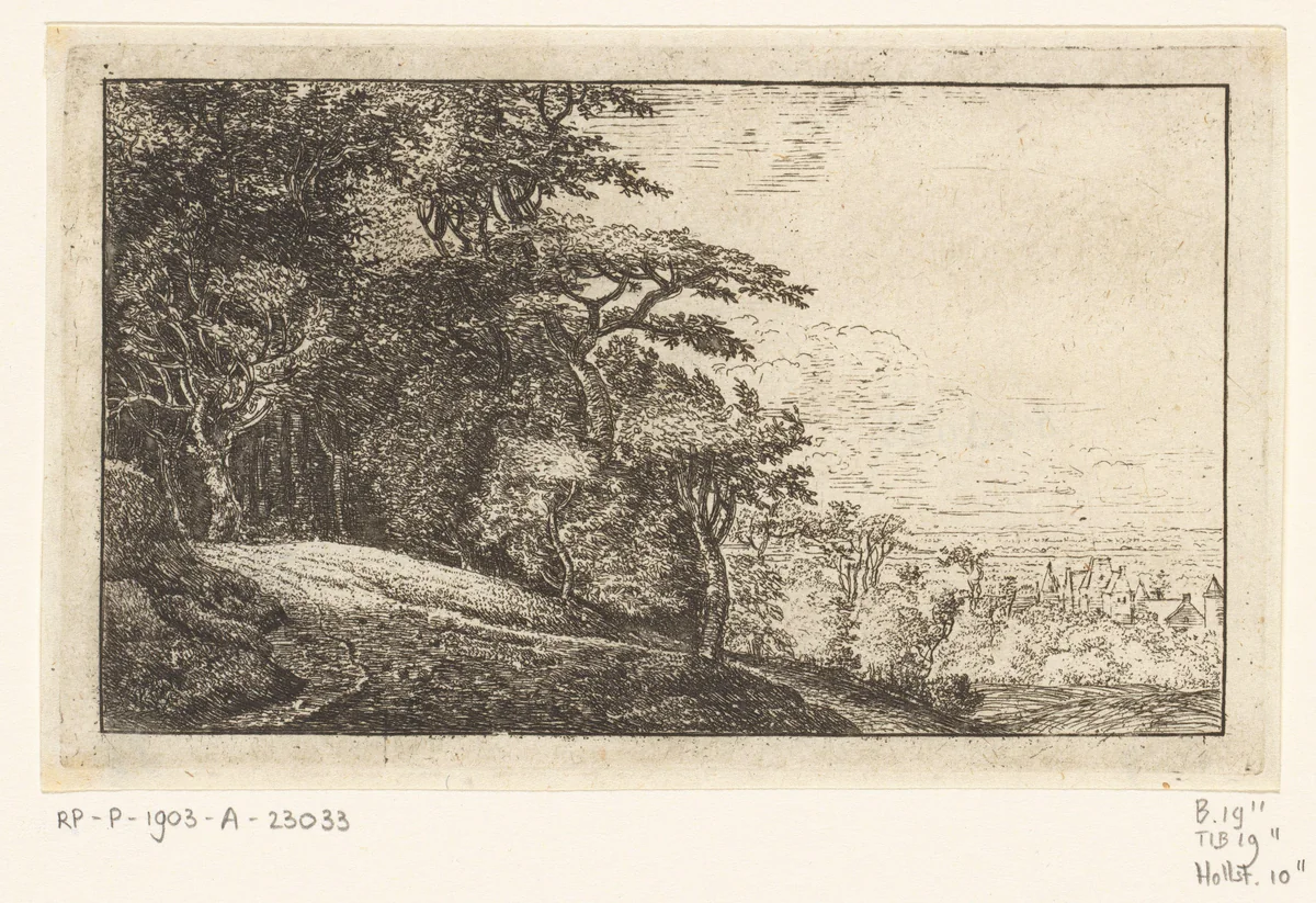 Heuvelachtig landschap met bomen by Jan Ruyscher, print, 1648-1658