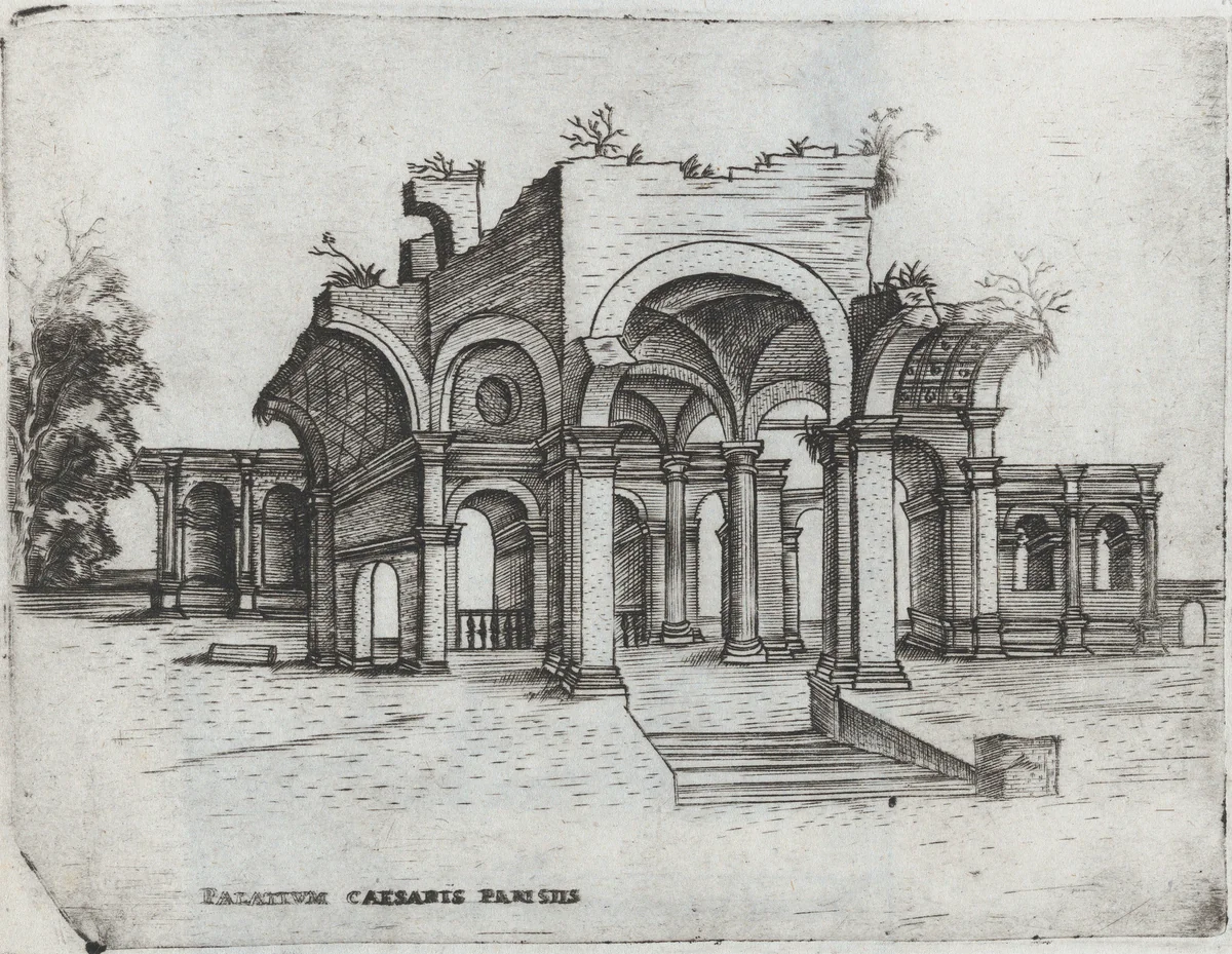 Mercurii Templum, from a Series of Prints depicting (reconstructed) Buildings from Roman Antiquity by Monogrammist G.A. with the Caltrop, book, 1530-1550