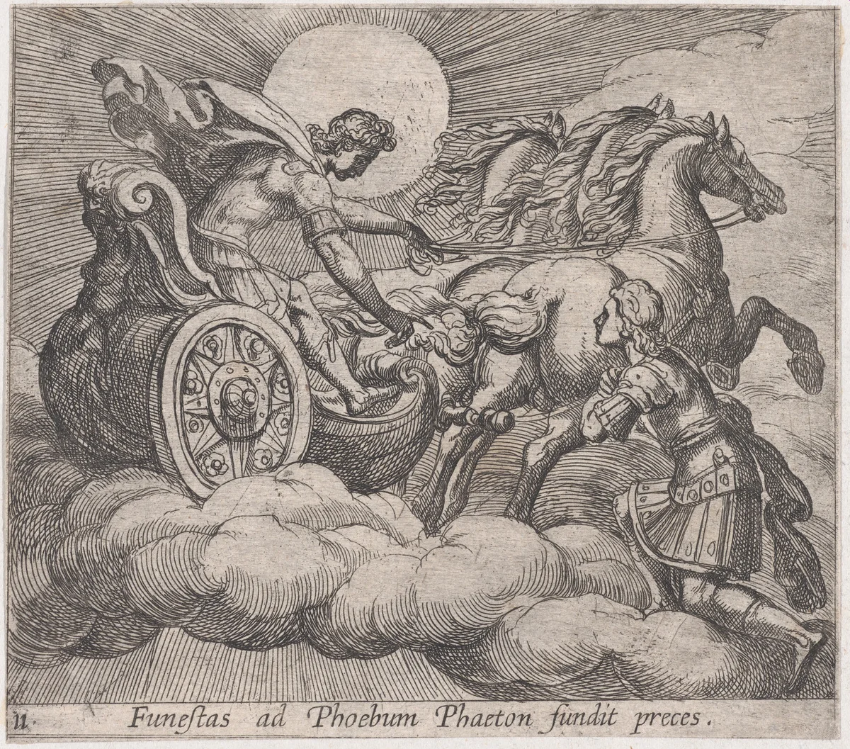 Plate 11: Phaeton before Apollo (Funestas ad Phoebum fundit preces.), from Ovid's 'Metamorphoses' by Antonio Tempesta, print, 1606