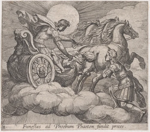 Plate 11: Phaeton before Apollo (Funestas ad Phoebum fundit preces.), from Ovid's 'Metamorphoses' by Antonio Tempesta, print, 1606