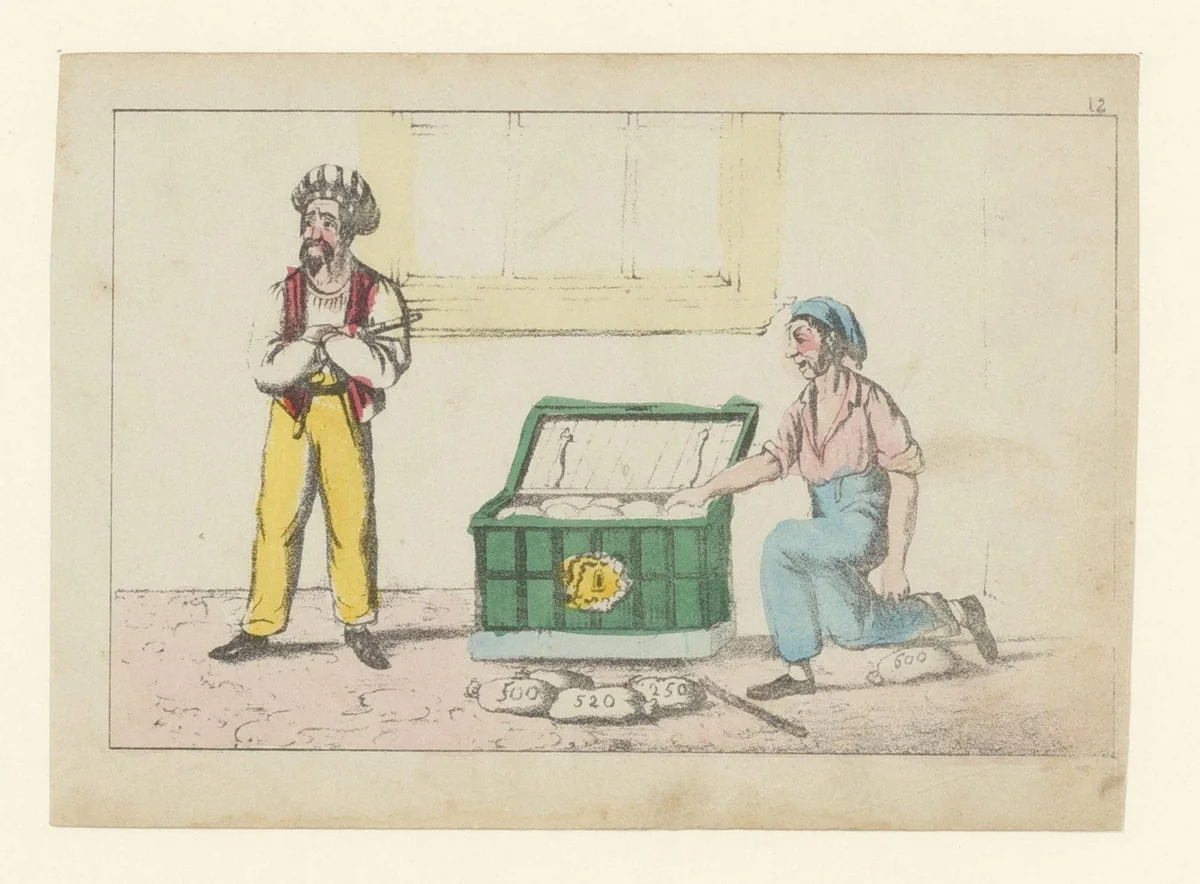 Twee dieven stelen uit een geldkist by anonymous, print, 1841