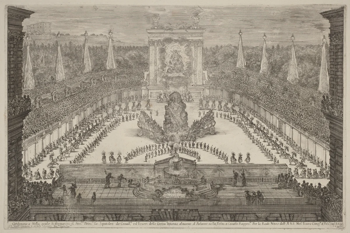 The Prince of Tuscany, His Horse Troops and Carriages around Mount Atlas by Stefano della Bella, print, 1661
