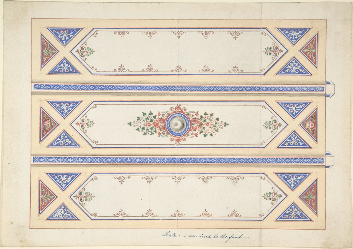 Ceiling Design with Three Panels Divided by Beams by anonymous, drawing, 1800-1899