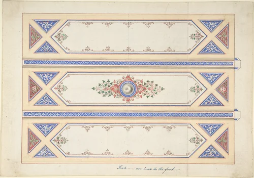 Ceiling Design with Three Panels Divided by Beams by anonymous, drawing, 1800-1899