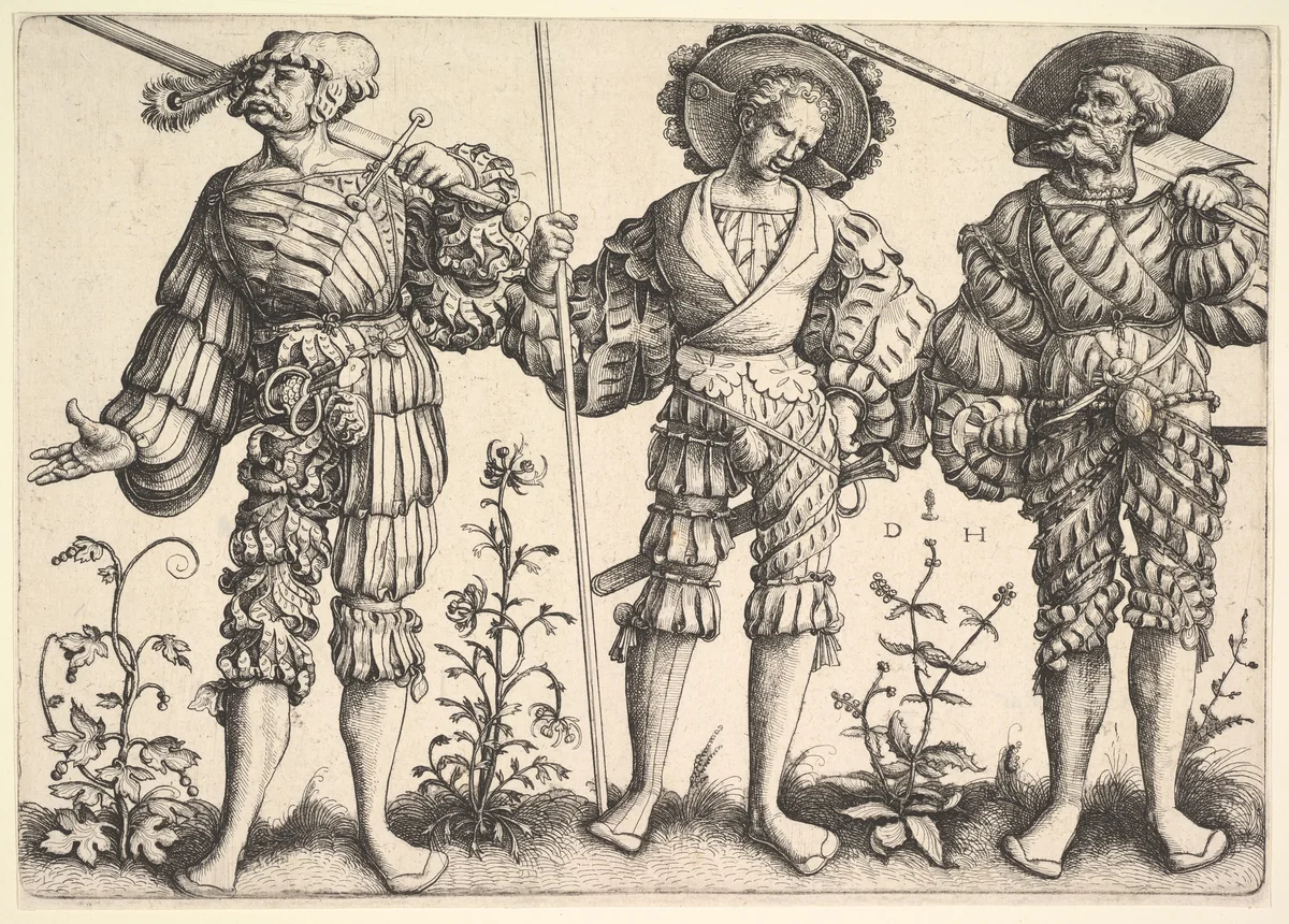 Three German Soldiers by Daniel Hopfer, print, 1480-1536