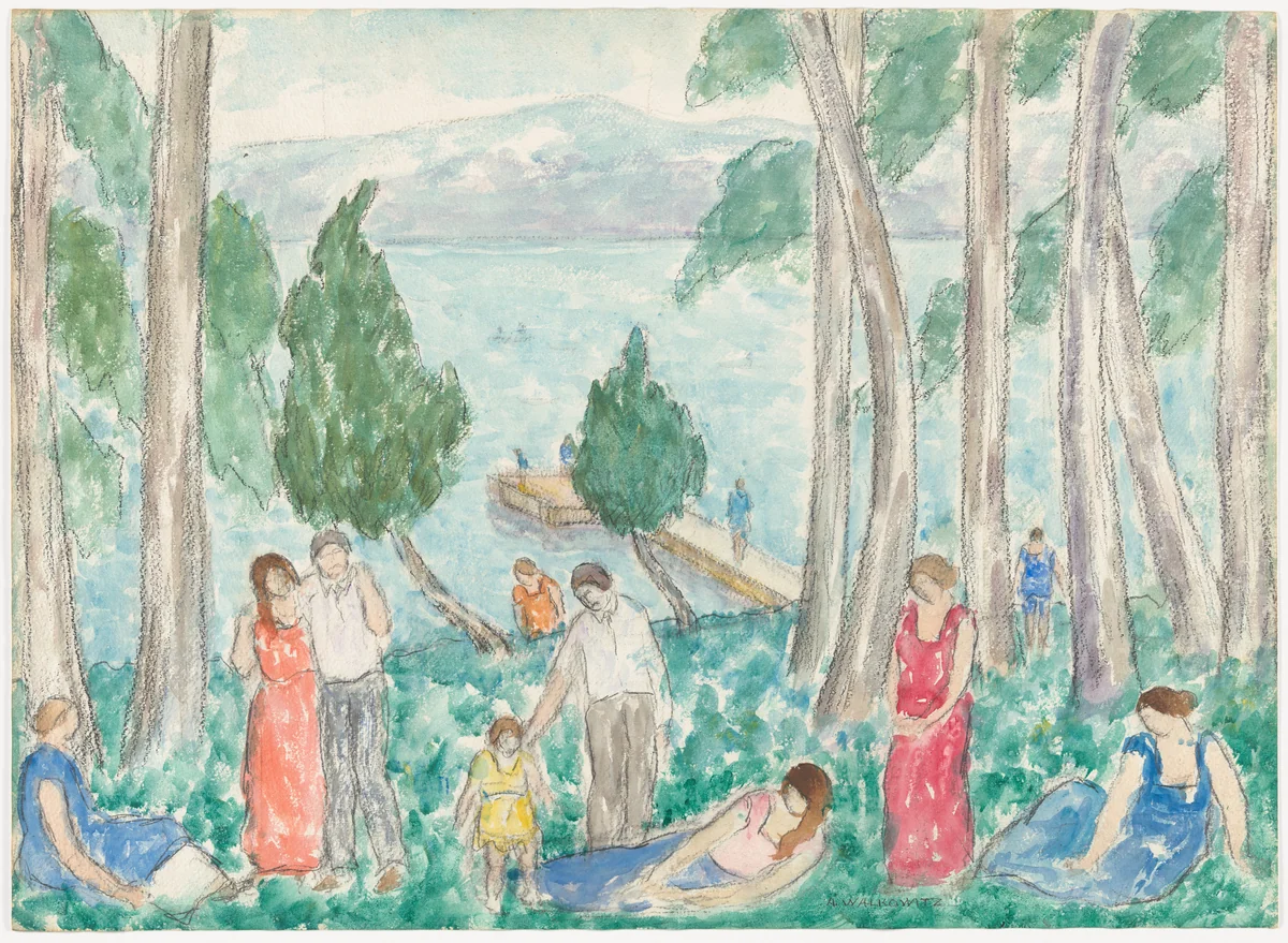 Hudson River Landscape with Figures by Abraham Walkowitz, drawing, 1912
