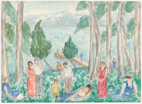 Hudson River Landscape with Figures by Abraham Walkowitz, drawing, 1912