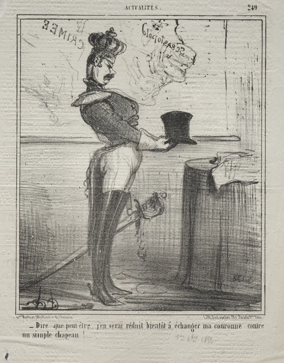 To think that I might soon be reduced to exchanging my crown for a simple hat! by Honoré Daumier, print, 1855