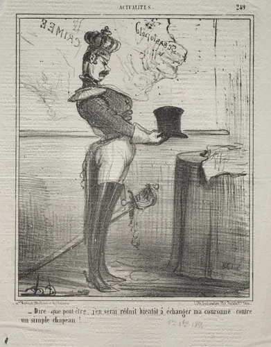 To think that I might soon be reduced to exchanging my crown for a simple hat! by Honoré Daumier, print, 1855