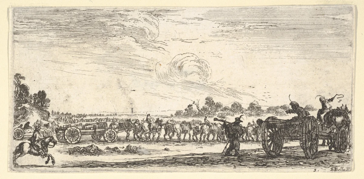 Plate 3: a procession of horse-drawn cannons, riding to the right, a horse-drawn cannon to the right seen from the back, from "Troops, cannons, and attacks on towns" (Dessins de quelques conduites de troupes, canons, et ataques de villes) by Stefano della Bella, print, 1635-1645