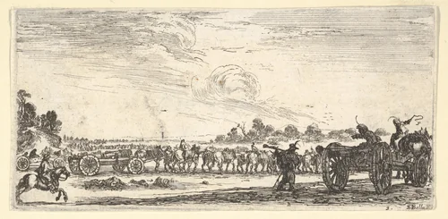 Plate 3: a procession of horse-drawn cannons, riding to the right, a horse-drawn cannon to the right seen from the back, from "Troops, cannons, and attacks on towns" (Dessins de quelques conduites de troupes, canons, et ataques de villes) by Stefano della Bella, print, 1635-1645