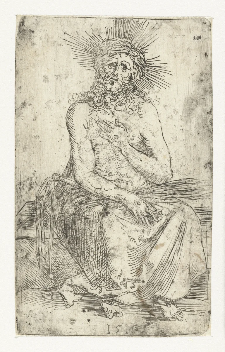 Christus als Man van Smarten, zittend by Albrecht Dürer, print, 1515