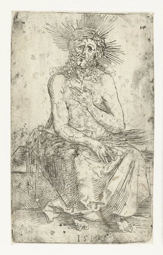 Christus als Man van Smarten, zittend by Albrecht Dürer, print, 1515