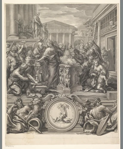 Offer op tempelplein in monumentale omlijstig (deel middenonder) by François Spierre, print, 1649-1681