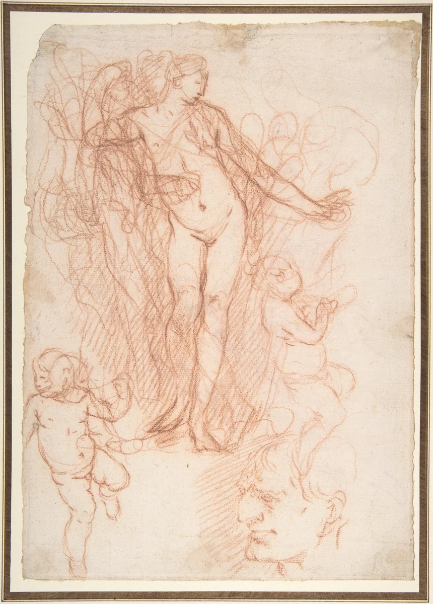 (R.)Figure Studies: Standing Nude Figure, Putti, and a Man's Head (V.) Figure Studies: A Flying and a Standing Man by Giulio Carpioni, drawing, 1613-1678