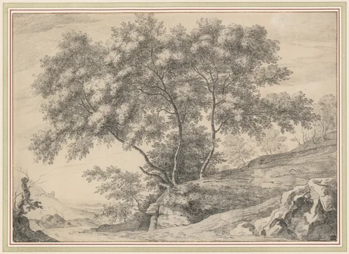 A Clump of Trees on a Rocky Outcrop by John Claude Nattes, drawing