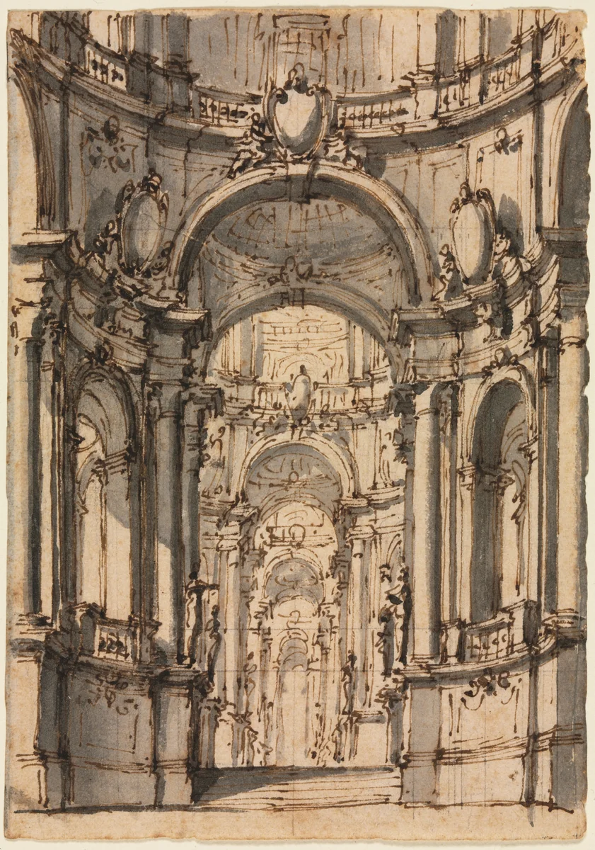 Design for a Stage Set: Interior of a Palace with Arcades by Giovanni Battista Natali, drawing, 1730-1765