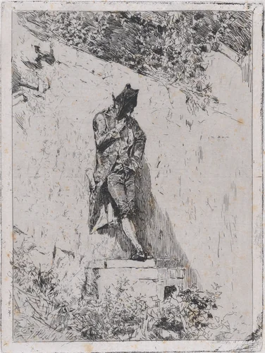 Meditation: a man standing on a step by a wall by Mariano Fortuny, print, 1865