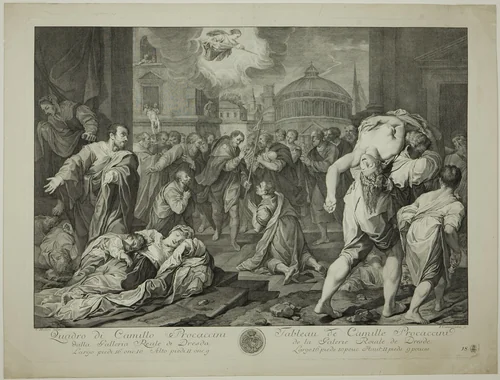Saint Roch Healing Sufferers from the Plauge, from Recueil d'estampes d'après les plus célèbres tableaux de la Galerie Royale de Dresde by Giuseppe Camerata, print, 1750