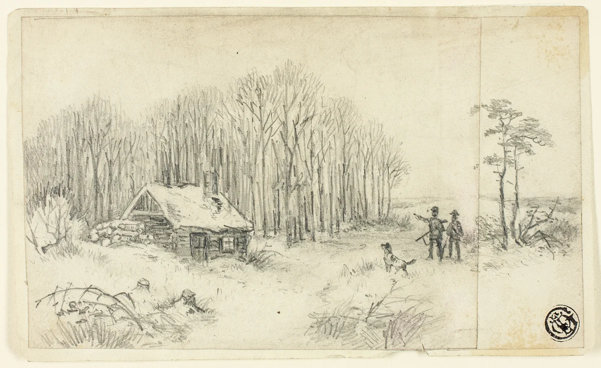 Woodland Hut, with Hunters Approaching by Unknown Artist, drawing, 1790-1909