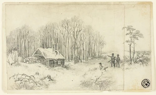 Woodland Hut, with Hunters Approaching by Unknown Artist, drawing, 1790-1909