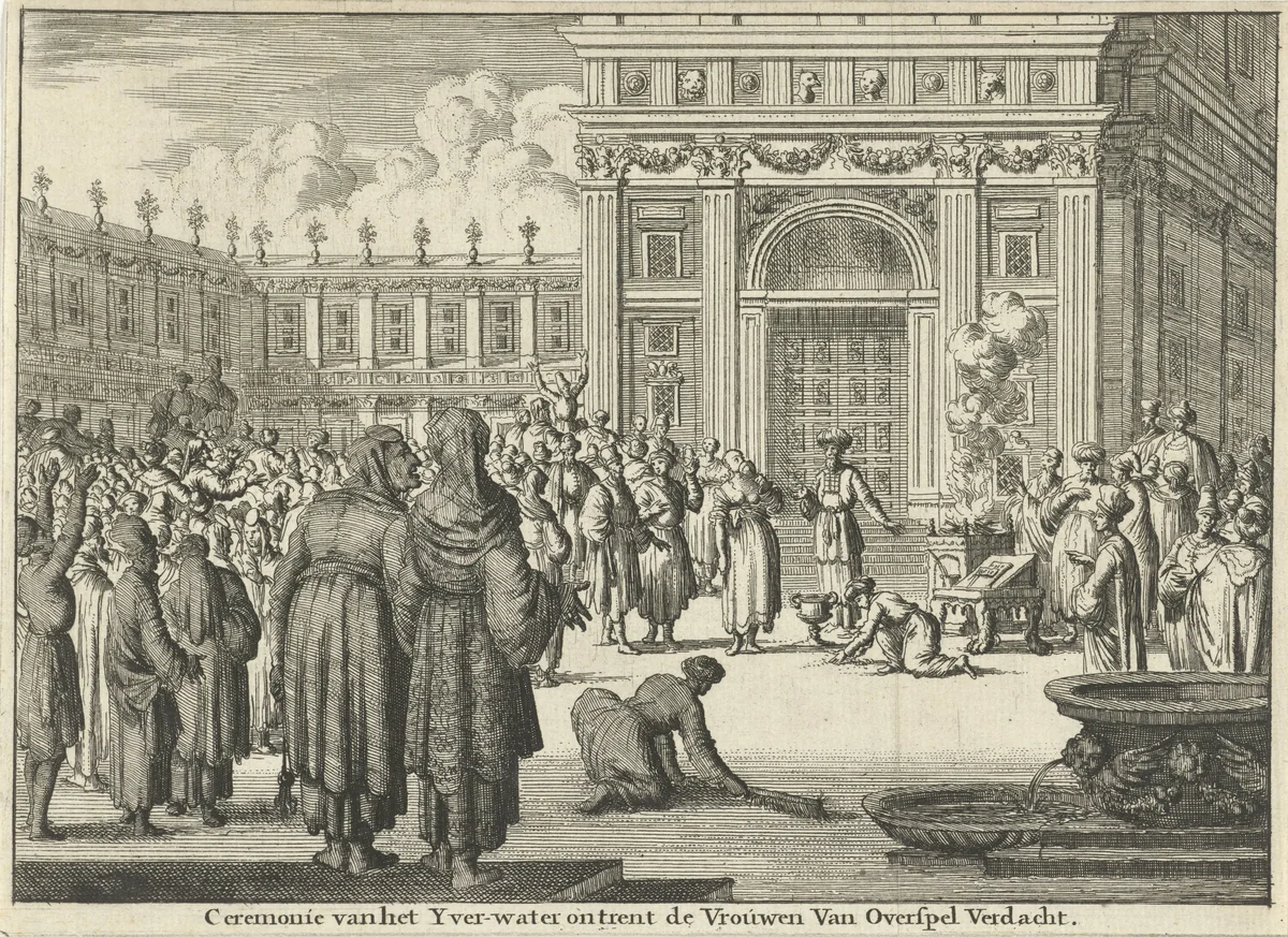 Ceremonie met van overspel verdachte vrouwen by Jan Luyken, print, 1682