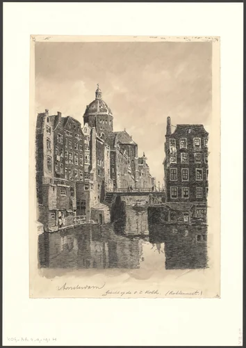 Gezicht op de Oudezijds Kolk vanaf de Armbrug by anonymous, drawing, 1900-1975