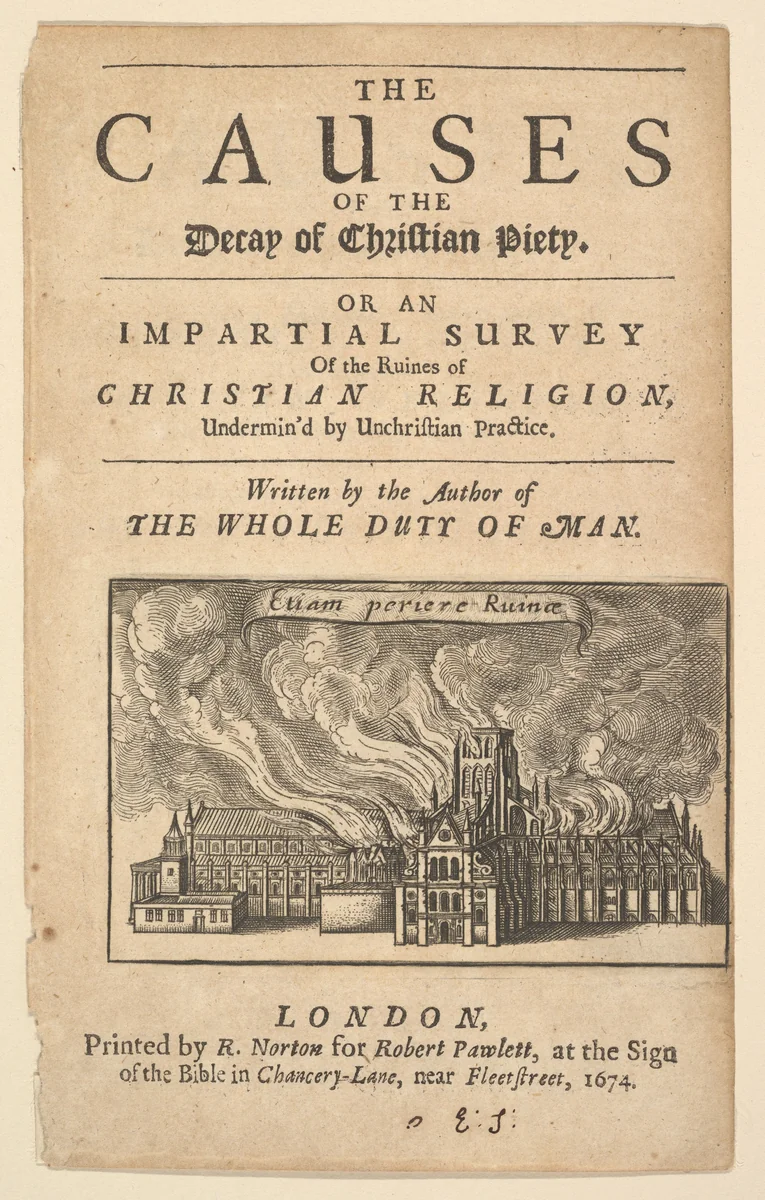 Title Page: The Causes of Decay of Christian Piety, with vignette of St. Paul's Burning, (Lex ignea) by Wenceslaus Hollar, print, 1671-1680